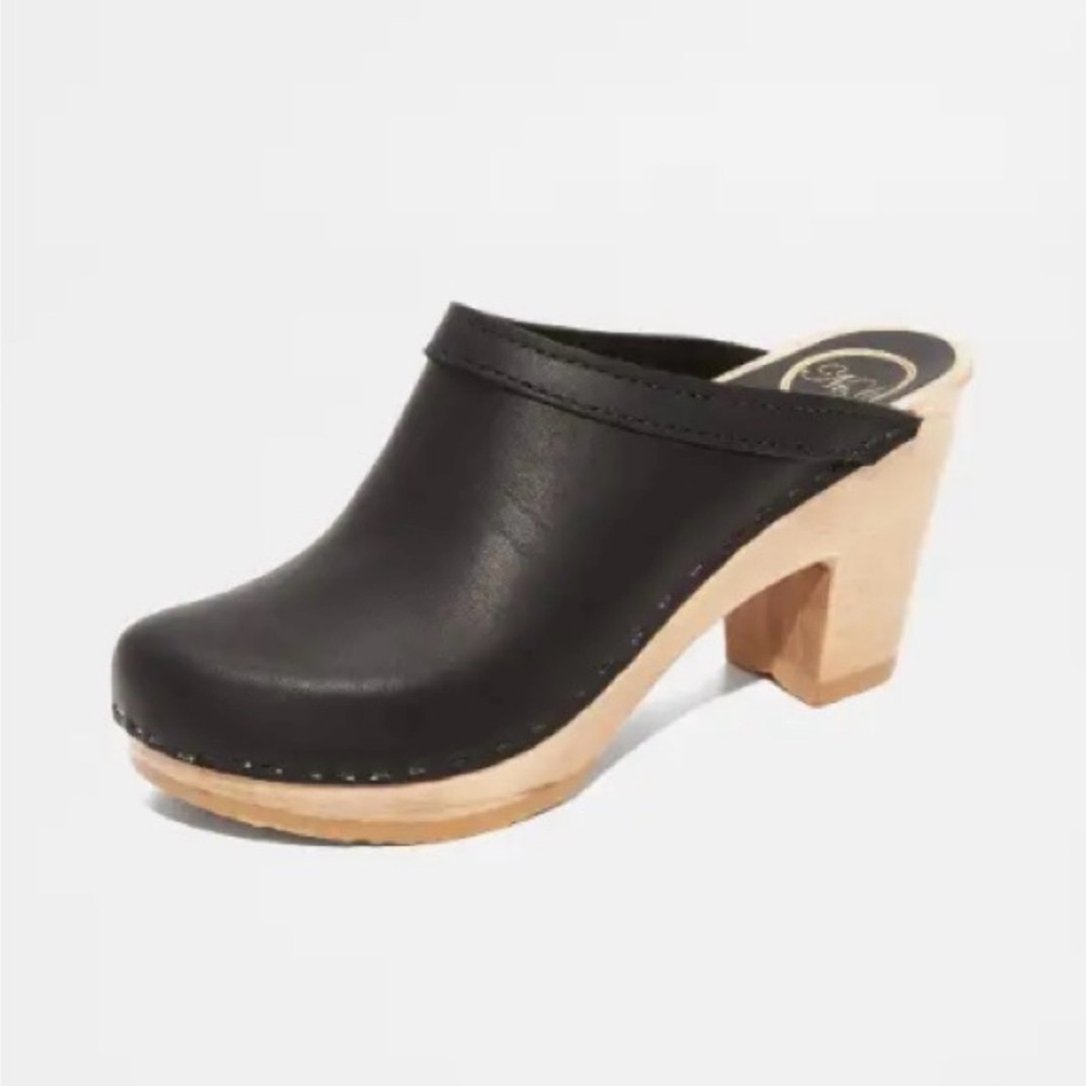 New No.6 Old School High Heel Wood Base Black Leather Clogs Size US 5/ EUR 35